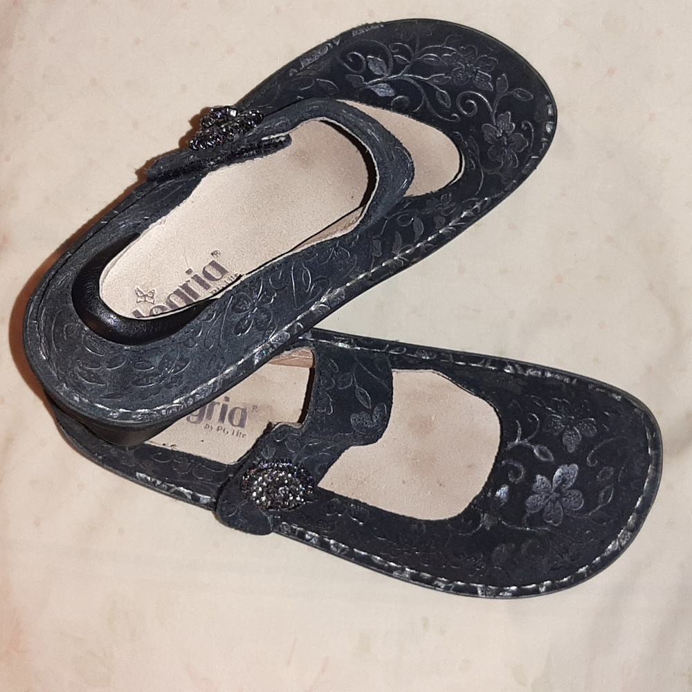 Alegria Mary Jane, Womens Shoes Size 38, Black Leather suede, jewel velcro strap